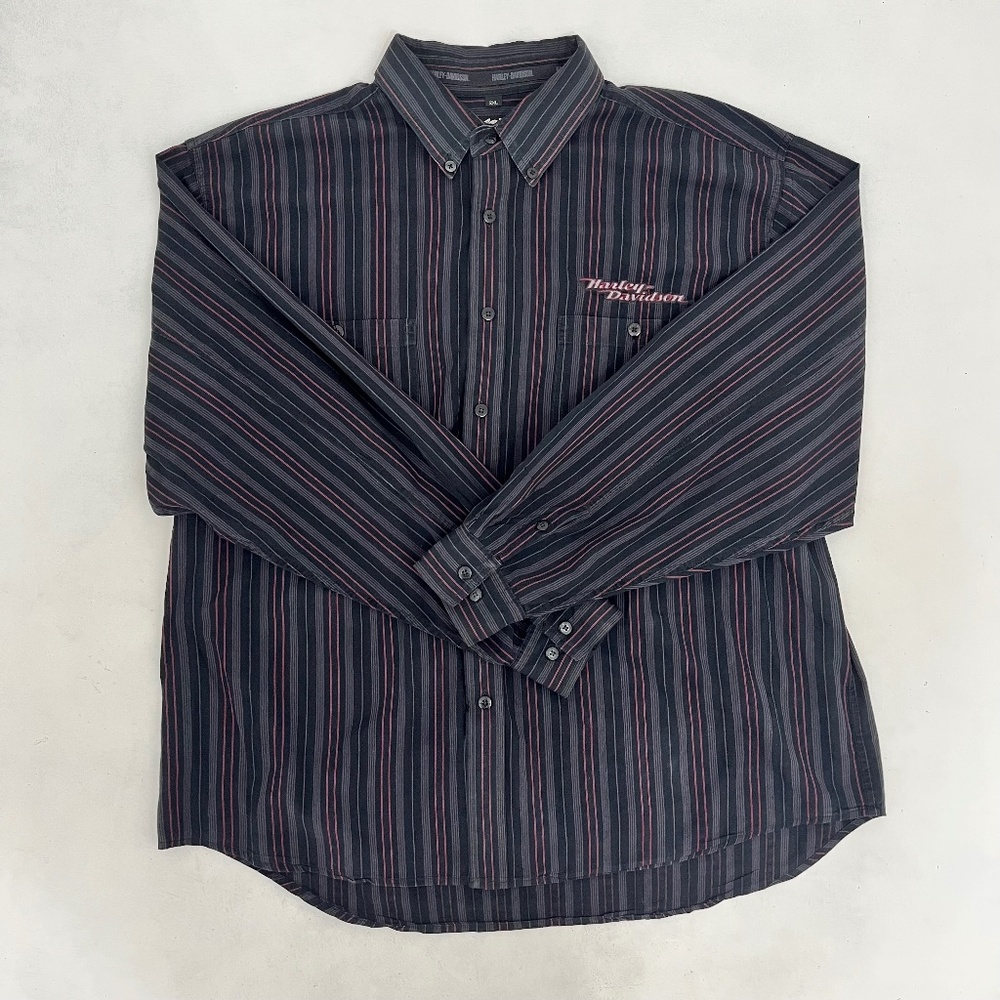 Harley‎ Davidson Mens Size 2X-Large Button-Down Shirt Black Stripe Long Sleeve